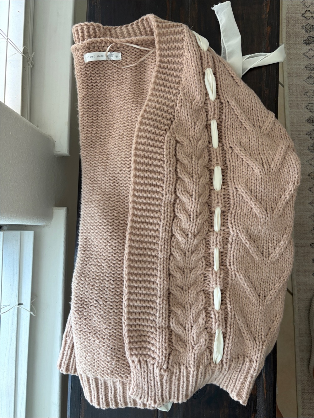Altar’s State Calla Ribbed Chunky Cable Knot Cardigan in Taupe and Ivory